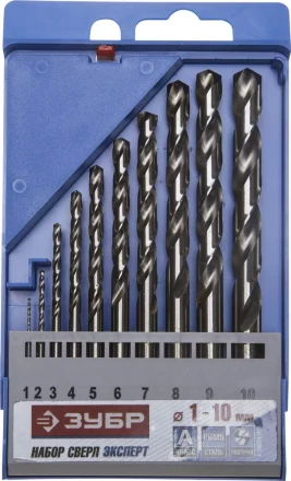 Набор ЗУБР &quot;ЭКСПЕРТ&quot;: Свёрла  по металлу, цилиндрический хвостовик, быстрорежущая сталь Р6М5, 1-10мм, 10шт 4-29625-H10 купить в Магнитогорске