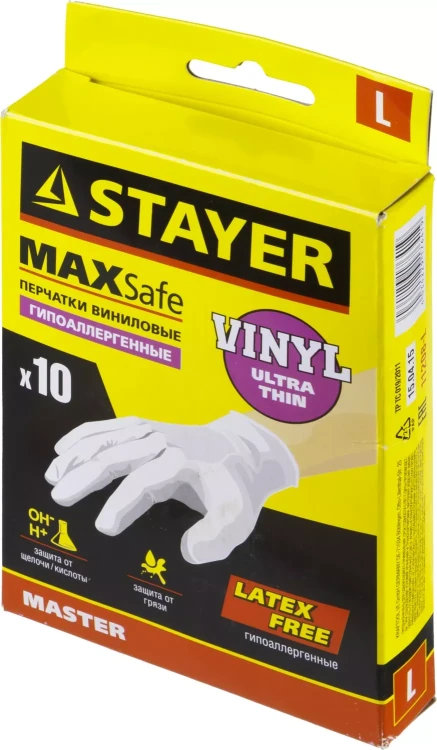 Перчатки STAYER "MASTER" виниловые экстратонкие, L, 10шт 11208-L купить в Магнитогорске