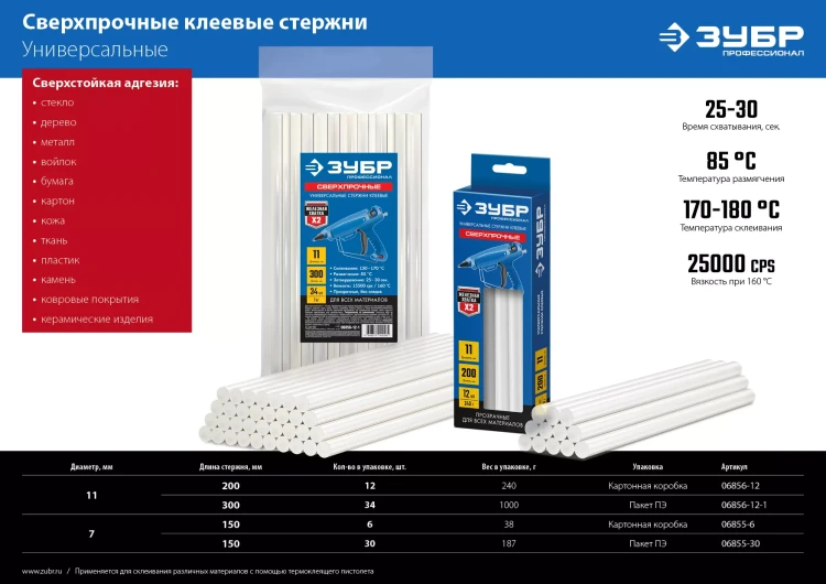 ЗУБР 7 х 150 мм, 30 шт, сверхпрочные прозрачные клеевые стержни, Профессионал (06855-30) купить в Магнитогорске