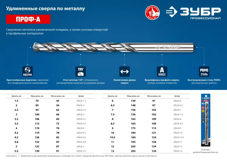 ЗУБР ПРОФ-А, 1.5 х 70 мм, сталь Р6М5, класс А, удлиненное сверло по металлу, Профессионал (29624-1.5) купить в Магнитогорске