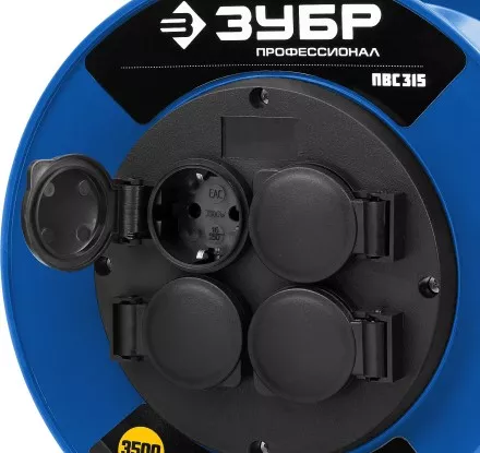 Удлинитель на катушке &quot;ПВС 315&quot;, 50 м, 3500 Вт, 4 гнезда, IP44, ПВС 3х1,5 кв мм, ЗУБР 55081-50 купить в Магнитогорске