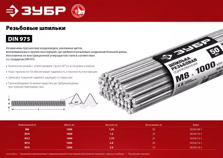 ЗУБР DIN 975, кл. пр. 4.8, М12 х 1000 мм, цинк, 25 шт, резьбовая шпилька (30330-12-1) купить в Магнитогорске