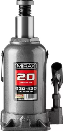 Домкрат гидравлический бутылочный, 20т, 230-430 мм, MIRAX 43260-20 43260-20 купить в Магнитогорске