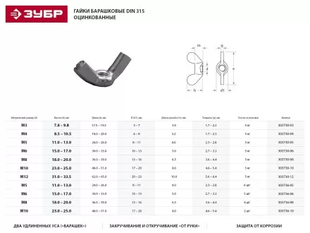 Гайка ЗУБР &quot;МАСТЕР&quot; барашковая, DIN 315, оцинкованная, M5, 5кг 303730-05 купить в Магнитогорске