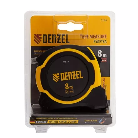 Рулетка Denzel 8м х 25мм, двухкомп. корпус, магнитный обрезиненный зацеп, 31533 купить в Магнитогорске