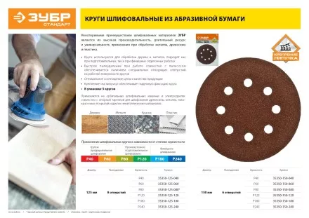 Круг шлифовальный ЗУБР &quot;СТАНДАРТ&quot; из абразивной бумаги на велкро основе, 6 отв., Р120, 150мм, 5шт 35350-150-120 купить в Магнитогорске