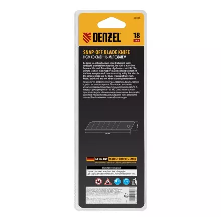 Нож Denzel, 18 мм, сменное лезвие, SK4, корпус из ABS + TPR, торцевой зажим, 78903 купить в Магнитогорске