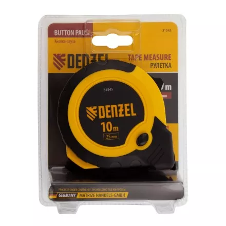 Рулетка Denzel 10м х 25мм, двухкомп. корпус, кнопка-пауза 31545 купить в Магнитогорске