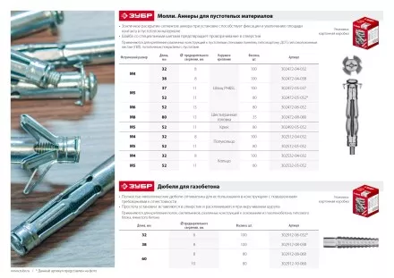 ЗУБР МОЛЛИ, М8 х 80 х 13 мм, 35 шт, анкер для пустотелых конструкций (302472-08-080) купить в Магнитогорске