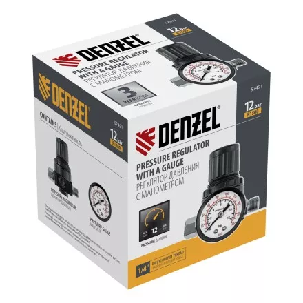 Регулятор давления с манометром Denzel R1500, 12 бар, 1/4&quot;, 57491 купить в Магнитогорске