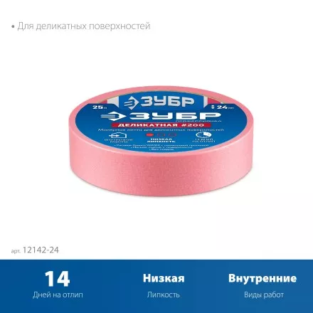 ЗУБР №200 24 мм х 25 м, для деликатных и недавно окрашенных поверхностей, малярная лента, Профессионал (12142-24) купить в Магнитогорске