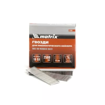 Гвозди 16GA для пневм. нейлера сечение 1,6х1,4 длина 19 мм 2500 шт MATRIX 57601 купить в Магнитогорске