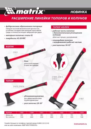 Топор-колун с клиновидным полотном 2500 г Matrix 21811, фибергласовое обрезиненное топорище 880 мм купить в Магнитогорске