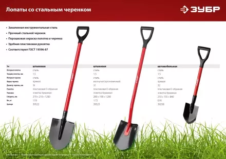 ЗУБР МАСТЕР, 280 х 190 х 1200 мм, полотно 1.5 мм, закалено, стальной изогнутый черенок с рукояткой, штыковая лопата (39523) купить в Магнитогорске