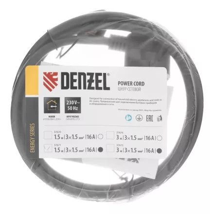 Шнур сетевой Denzel Energy Series, ПВС, 1,5 м, 3 x 1,5 мм, с неразборной вилкой, черный, 3 м, 37671 купить в Магнитогорске
