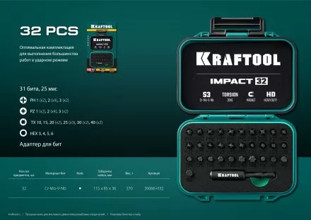 Набор ударных торсионных бит KRAFTOOL Impact, Cr-Mo-V-Nb сталь 26066-H32 купить в Магнитогорске