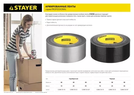 Армированная лента, STAYER 12080-50-25, универсальная, влагостойкая, 48мм х 25м, серебристая 12080-50-25 купить в Магнитогорске