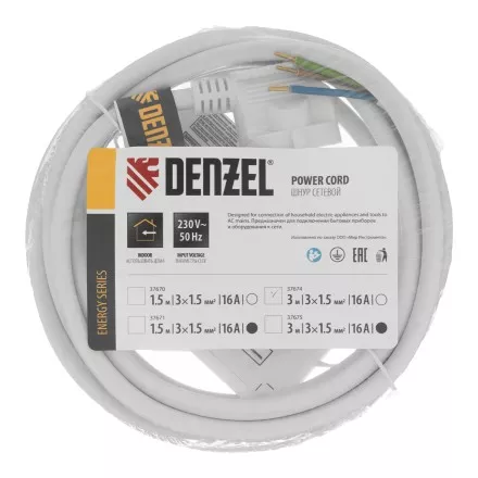 Шнур сетевой Denzel Energy Series, ПВС, 3 м, 3 x 1,5 мм, с неразборной вилкой, белый, 3 м, 37674 купить в Магнитогорске