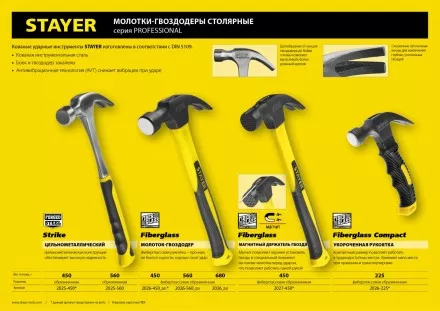 Молоток-гвоздодер &quot;Fiberglass-M&quot; с фиберглассовой рукояткой, с магнитом, 450 г, STAYER Professional 2027-450 купить в Магнитогорске