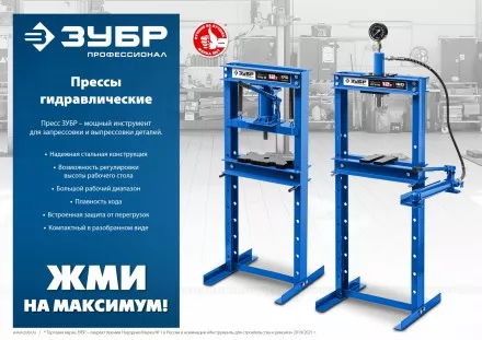 ЗУБР ПГН-10, 10 т, гидравлический пресс с гидронасосом и манометром, Профессионал (43072-10) купить в Магнитогорске