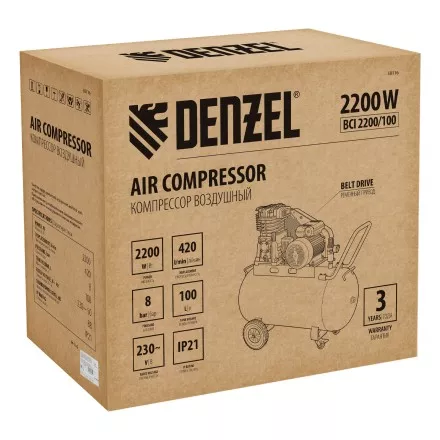 Компрессор воздушный рем. привод Denzel BCI 2200/100, 2,2 кВт, 100 литров, 420 л/мин купить в Магнитогорске