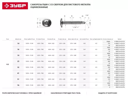 Саморезы ЗУБР с прессшайбой и сверлом по листовому металлу до 2 мм, PH2, 4,2х76 мм, 100шт 4-300211-42-076 купить в Магнитогорске