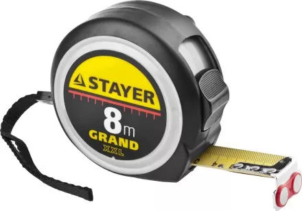 Рулетка STAYER GRAND, корпус с противоскользящим напылением, упрочненное полотно, 8м/25мм 552119 купить в Магнитогорске