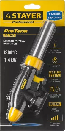 Газовая горелка &quot;ProTerm&quot; на баллон, STAYER &quot;PROFESSIONAL&quot; 55580, с пьезоподжигом, регулировка пламени, цанговое соединение, 1300С 55580 купить в Магнитогорске