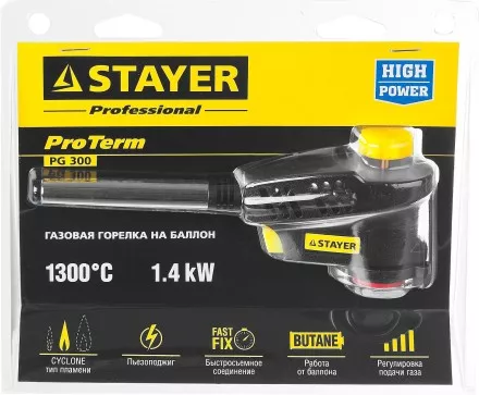 Газовая горелка &quot;ProTerm&quot; на баллон, STAYER &quot;PROFESSIONAL&quot; 55582, с пьезоподжигом, регулировка пламени, вихревое пламя, цанговое соединение, 1300С 55582 купить в Магнитогорске
