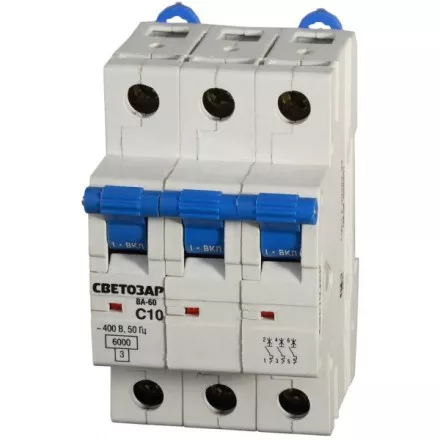 Выключатель автоматический СВЕТОЗАР 3-полюсный, 10 A, &quot;C&quot;, откл. сп. 6 кА, 400 В SV-49063-10-C купить в Магнитогорске