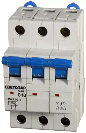 Выключатель автоматический СВЕТОЗАР 3-полюсный, 10 A, &quot;C&quot;, откл. сп. 6 кА, 400 В SV-49063-10-C купить в Магнитогорске
