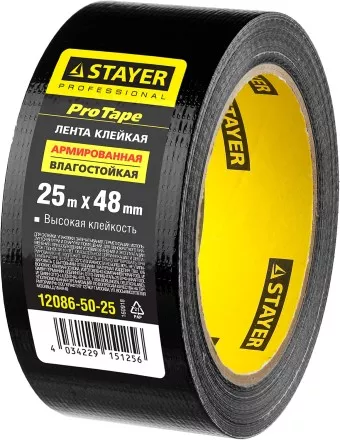 Армированная лента, STAYER Professional 12086-50-25, универсальная, влагостойкая, 48мм х 25м, черная 12086-50-25 купить в Магнитогорске