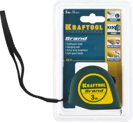 Рулетка KRAFTOOL GRAND, обрезиненный пластиковый корпус, 3м/16мм 34022-03-16 купить в Магнитогорске
