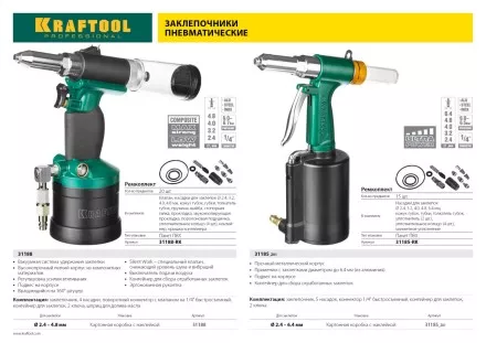 Заклепочник пневматический KRAFTOOL INDUSTRIE-PNEUMO для заклёпок из алюминия, стали, нерж. стали, d=2,4 / 3,2 / 4,0 / 4,8 / 6,4 мм 31185_z01 купить в Магнитогорске