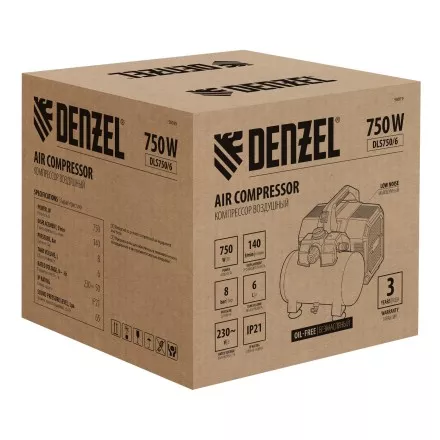 Компрессор Denzel DLS750/6 58019 безмасляный малошумный 750 Вт, 140 л/мин,ресивер 6 л купить в Магнитогорске