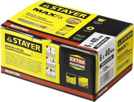 Дюбель-гвоздь полипропиленовый, потайный бортик, 6 x 40 мм, 125 шт, STAYER Master 30645-06-040 30645-06-040 купить в Магнитогорске