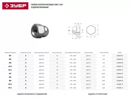 Гайка ЗУБР &quot;МАСТЕР&quot; колпачковая DIN 1587, оцинкованная,  M6, 5кг 303680-06 купить в Магнитогорске