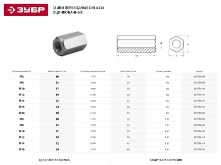 Гайка ЗУБР &quot;МАСТЕР&quot; переходная, DIN 6334, оцинкованная, M12, 5кг 303750-12 купить в Магнитогорске