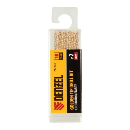 Сверло по металлу, 2 мм, HSS-Tin, Golden Tip, 10 шт. Denzel 717203 купить в Магнитогорске