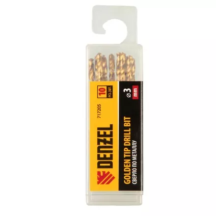 Сверло по металлу, 3 мм, HSS-Tin, Golden Tip, 10 шт. Denzel 717205 купить в Магнитогорске