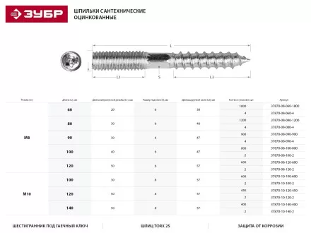 ЗУБР &quot;МАСТЕР&quot;. Шпилька сантехническая, шестигранник, Torx 25, оцинкованная, М8x90мм, 900шт 37870-08-090-900 купить в Магнитогорске