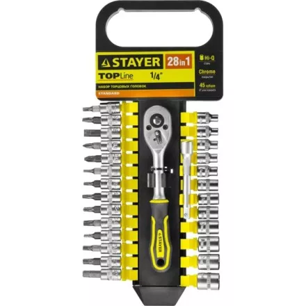 Набор STAYER &quot;STANDARD&quot;: Торцовые головки, биты-головки (1/4&quot;) на пластик рельсе, трещотка, удл-тель, 4-13мм, 28 пр. 27754-H28 купить в Магнитогорске