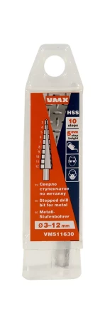Сверло для металла ступенчатое 3-12мм 10 ступ шаг 1 ход 5 VMX 511630 купить в Магнитогорске