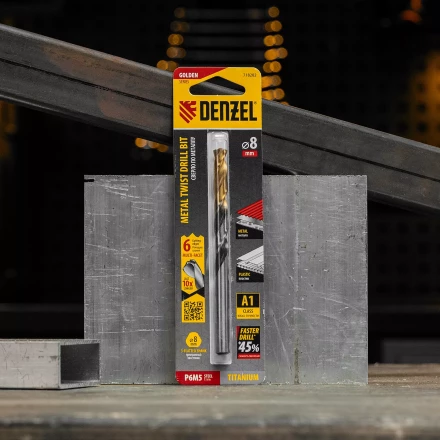 Сверло спиральное по металлу Denzel 8 x 117мм, Р6М5, Golden Tip, многогранная заточка, 718282 купить в Магнитогорске