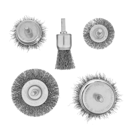 Набор щеток для дрели Denzel, 2 Плоские 50-75мм, 3 Чашки 25-50-75мм, шпилька,  нерж.вит. проволока 74493 купить в Магнитогорске