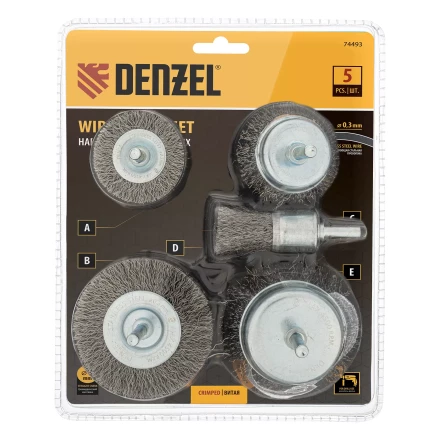Набор щеток для дрели Denzel, 2 Плоские 50-75мм, 3 Чашки 25-50-75мм, шпилька,  нерж.вит. проволока 74493 купить в Магнитогорске