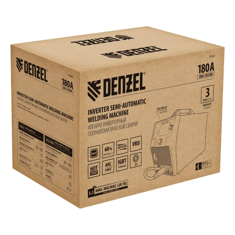 Аппарат инвертор. полуавтомат. cварки Denzel IMIG-185SDR 94363, 180 А, ПВ 60%, катушка 5 кг купить в Магнитогорске