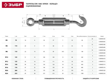 Талреп ЗУБР &quot;ПРОФЕССИОНАЛ&quot;  DIN 1480, крюк-кольцо, оцинкованный, кованая натяжная муфта, М6, 15 шт 4-304355-06 купить в Магнитогорске