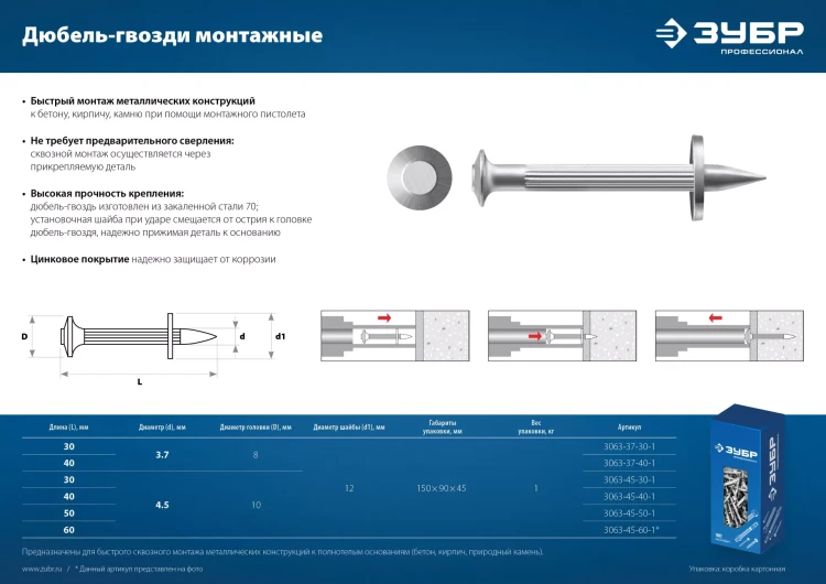 ЗУБР ДГМ, 60 x 4.5 мм, цинк, 1 кг, монтажный дюбель-гвоздь , Профессионал (3063-45-60-1) купить в Магнитогорске