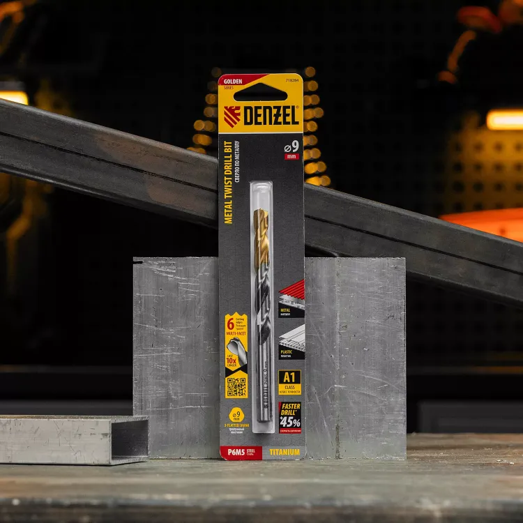 Сверло спиральное по металлу Denzel 9 x 125мм, Р6М5, Golden Tip, многогранная заточка, 718284 купить в Магнитогорске